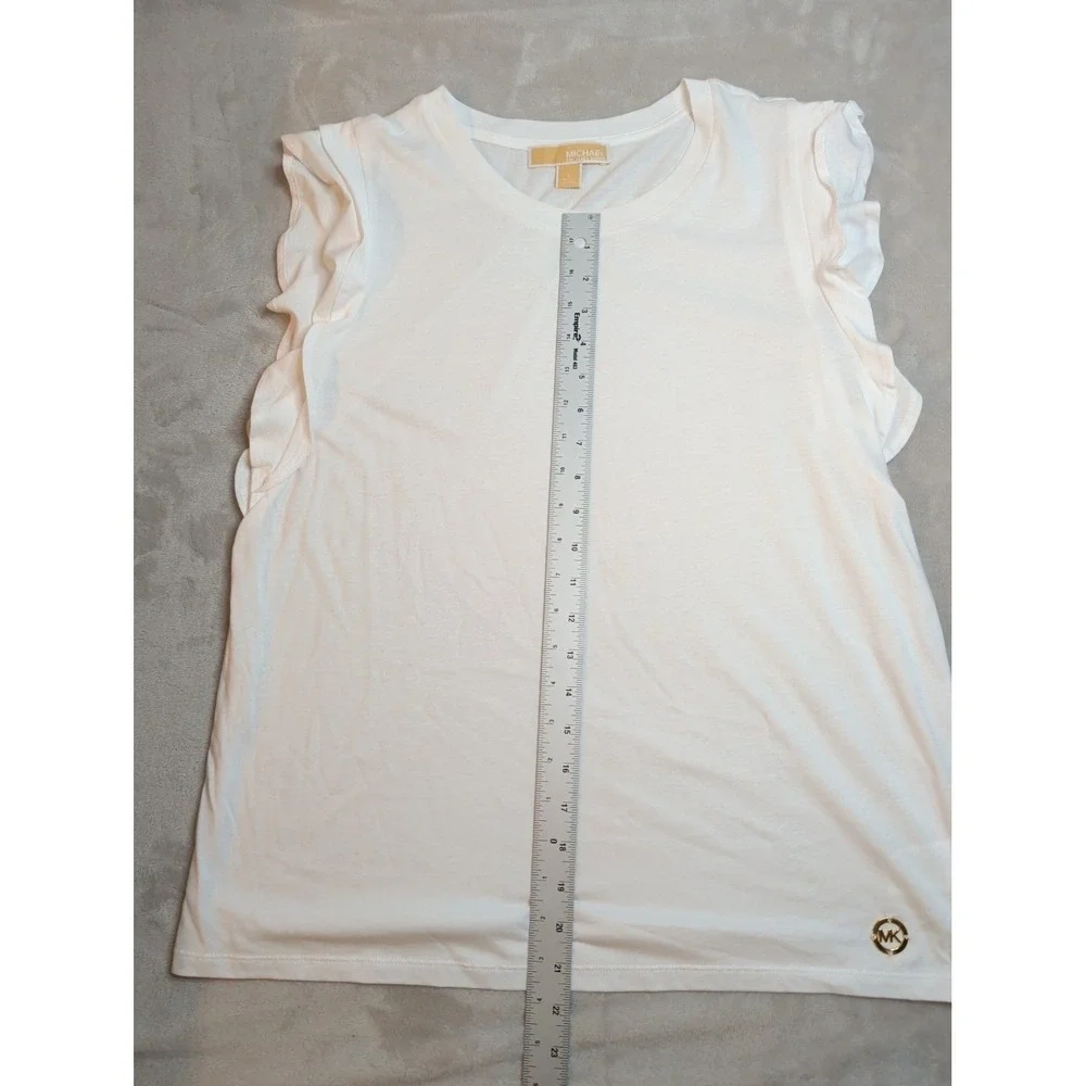 Michael Kors White Ruffle Sleeve Top Womens L Gold Logo‎ Stretch Tee